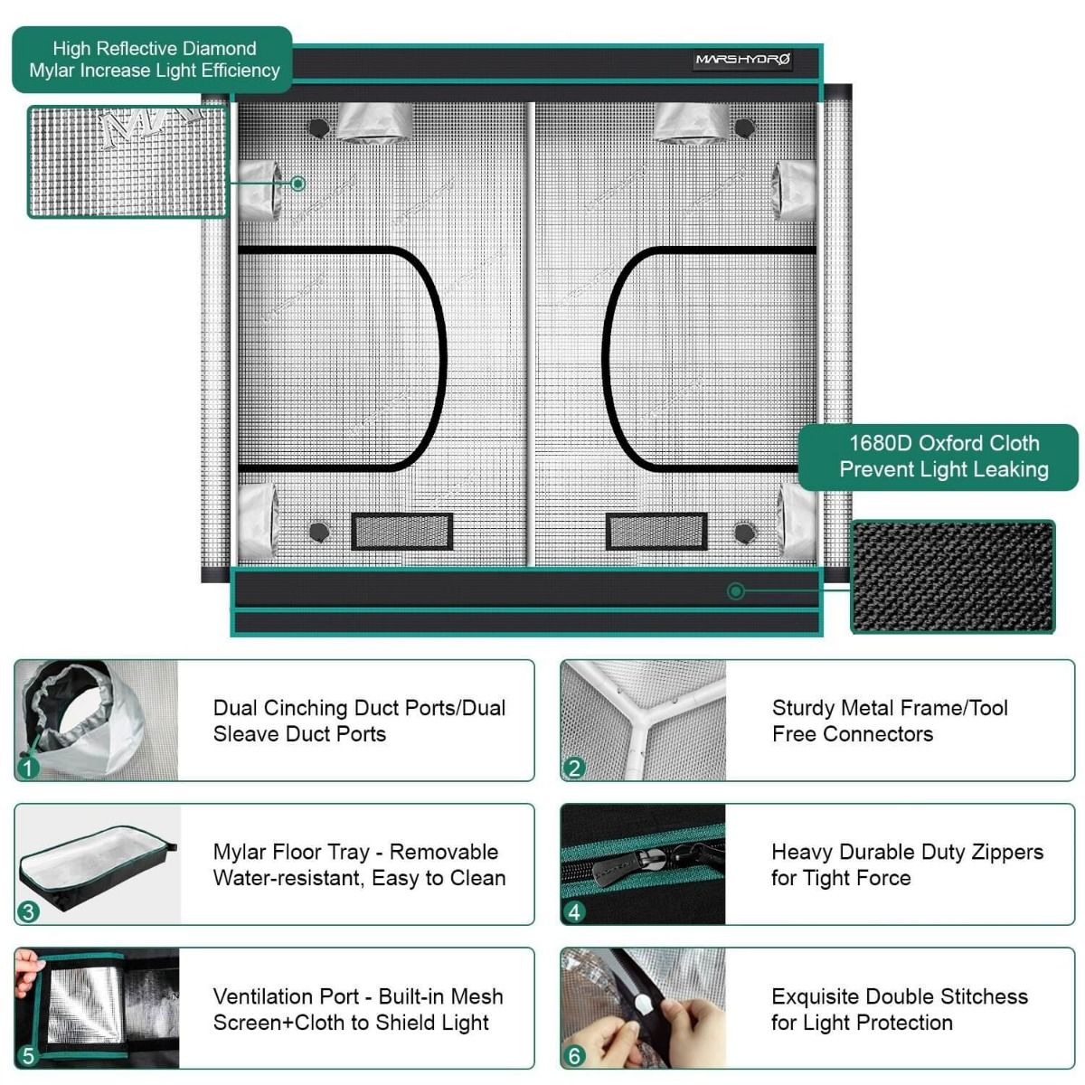 Mars Hydro 96''x48''x80'' Hydroponic Indoor Grow Tent - 8'x4'(240x120x200cm)