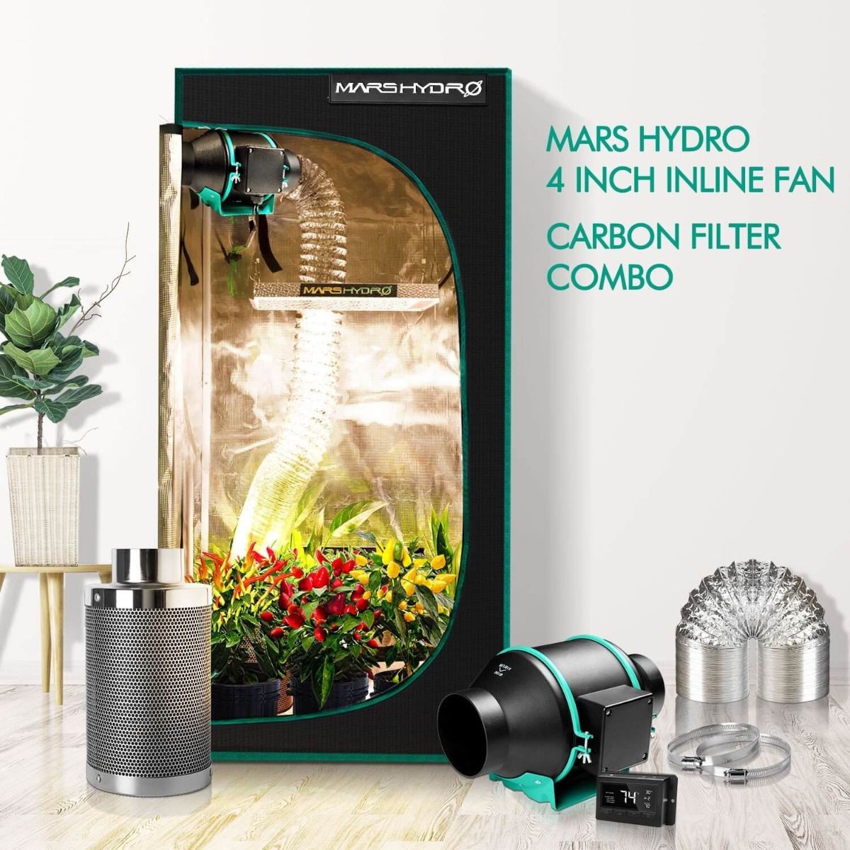 Mars Hydro 4 Inch Inline Duct Fan and Carbon Filter Combo with Thermostat Controller